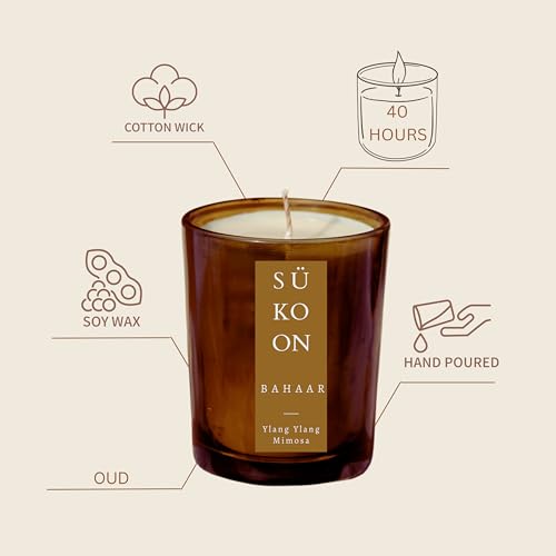 Sukoon Bahaar Ylang Ylang Mimosa Scented Soy Wax Candle with Upto 40 Hr Burn Long Lasting Fragrance Candle Perfect for Home Décor (Pack of 1)