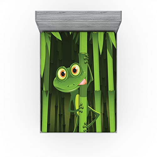 Ambesonne Animal Fitted Sheet, Funny Illustration of Friendly Fun Frog on Stem of The Bamboo Jungle Trees Nature, Soft Decorative Fabric Bedding All-Round Elastic Pocket, Queen Size, Green Shades