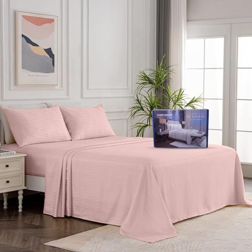 Egyptian Cotton Bed Sheets 450 Thread Count Sateen Finish Luxuries Hotel |Ultra Comfortable 3 Pieces Flat Sheet Set| 1 Flat+2 Pillow Cover Bedsheet Set for Home(Cameo Rose Stripe,3 by 6 / Single)