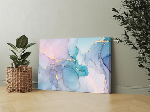 GADGETS WRAP Canvas Gallery Wrap Framed for Home Office Studio Living Room Decoration (17x11inch) - Blue Green & Pink Gold Abstract