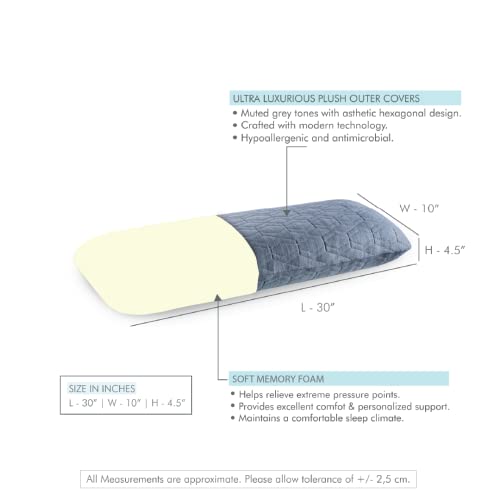 The White Willow Half Body Soft Memory Foam Pillow Insert for Maternity, Side Sleeper, Back Support with Cuddle Pillow Zippered Cover - 10" X 30", Grey