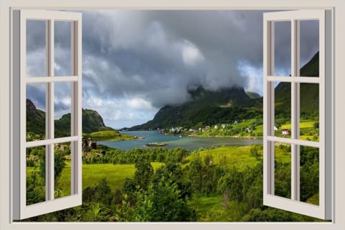 JVERF - JZZA25542 Norway Lofoten Mountains Lake| Self-Adhesive Open Window Wall Sticker