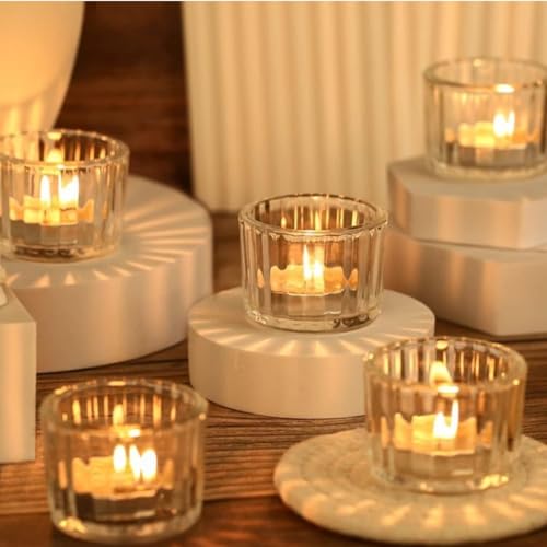 Shama Candles Ribbed Mini Votive Glass Jar for Home & Festival Decorations (Set of 15)