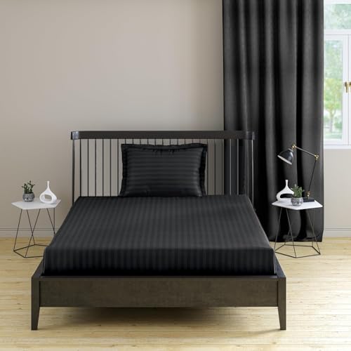 Roman 300 TC Cotton Satin Stripes Double Bed Sheet - Premium Bedsheet and Pillow Covers Set for Home, Hotels, Guest House & Hospital etc. (Black, 90x100 inch)