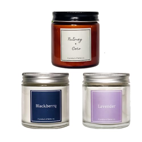 Better co Scented Soy Wax Amber Jar Candle Organic Luxury Aroma Burning Time Upto 20 Hours. Combo Pack of 3. Nutmeg + Coco BlackBerry and Lavender