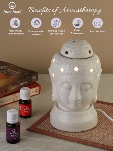 Asian Aura Handcrafted Ceramic Electric Buddha Shaped Aroma Diffuser| Aroma Oil Burner for Aromatherapy| Home Decor and Fragrance with Aroma Oils(English Lavender & Rosy Romance Scent 10ml Each)