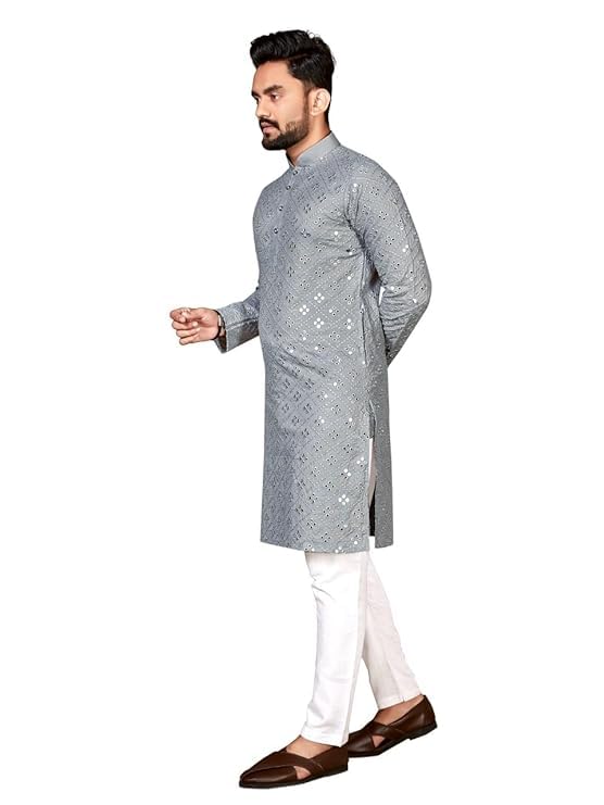 FOXDX Pure Soft Cotton Kurta Men with Embroidery Mirror Work (Large, Grey)