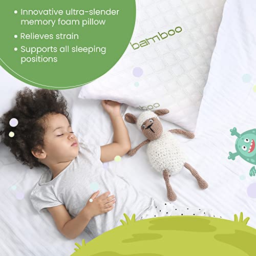 Sleepsia Supersoft Kids Pillows - 12"X18" X2" Breathable Bamboo Pillows for Sleeping - Ultra Supportive Shredded Memory Foam Premium Fill Toddler Pillows, Green White