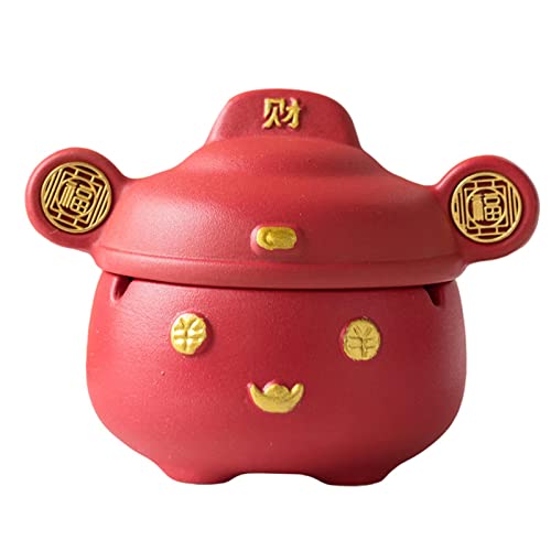 MYADDICTION Chinese God of Wealth Ashtray with Lid Feng Shui for Home Indoor Gift Red