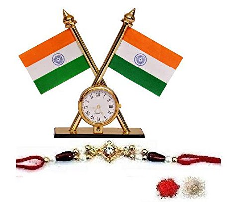 Indigo Creatives Elegant Single Diamond Rakhi, India Patriotic Theme Table Cross Flag with Clock Gift Set