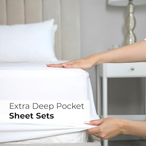 Extra Deep Pocket Cal King Sheets - 4 Piece Breathable & Cooling Bed Sheets - Hotel Luxury Bed Sheet Set - Soft, Wrinkle Free & Comfy - Easily Fits Extra Deep Mattresses - Deep Pocket White Sheets Set