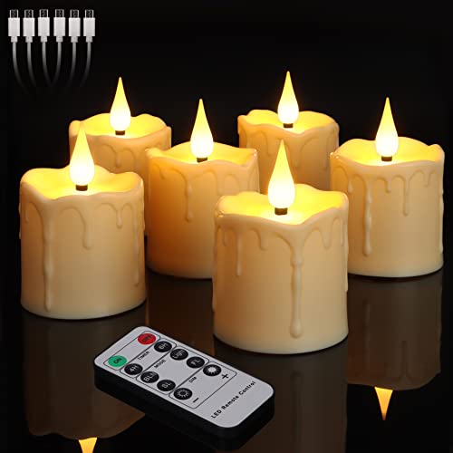 yunsheng Rechargeable Flameless Votive Candles with Remote Timer, D2 x H3 inches in/Outdoor Waterproof Flameless Flickering Electric Candles, 3D Wick Battery Operated LED Tea Lights, Set of 6, Ivory