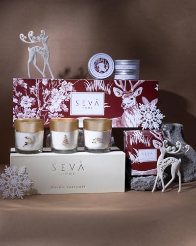 SEVA HOME Reindeer Cheer Hamper - Enchante Collection Festive Trio Candles Set + Travel Candles Set