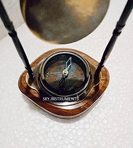 Sky Instrument Antique Brass Hanging Clock with Compass and with Wooden Base. can be Used as Office use, Weight Papers , desks/ Tables , Decorative Items and for Gift