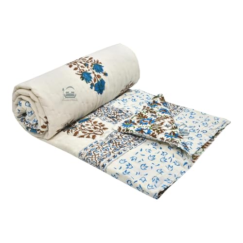 AARMOZY Cotton Jaipuri Razai Single Bed Hand Block Floral Buta Net Print Quilt/Rajai Blanket - Sky/Brown (Single Bed E)