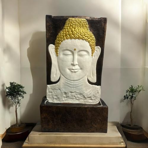 SEPBORN Buddha Face Wall Fountain, Terracotta Finish, 3.5 feet with LED Lights Water Pump