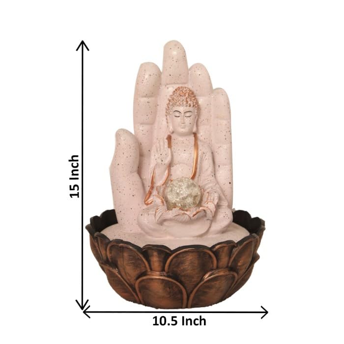 Art N Hub Hand Buddha Tabletop Waterfall Fountain Decorative Gift Items for Home and Office with Crystall Ball LED Light | Home Inauguration Gift Items (27 x 27 x 38 CM | Dotted Pink Copper)