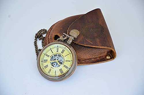 Handmade Antique Brass Clock Roman Numerals Clock with Chain and A Brown Leather Bag