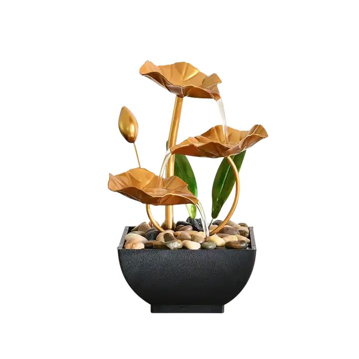 Chhogli Indoor Tabletop Fountain - 3-Tiers Lotus Leaf Small Waterfall Fountains, Resin Meditation Fountain, Zen Relaxation Fountain with Led Light and Pebbles, for Home Bedroom Office Decor