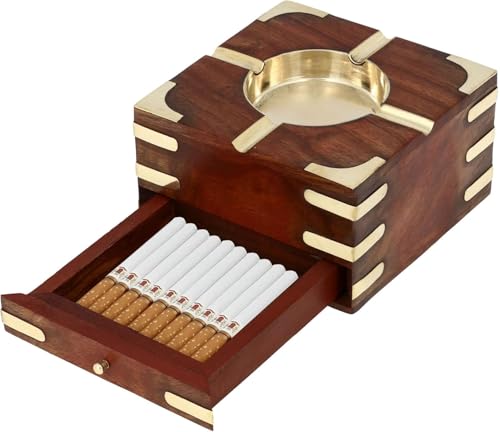 Wooden Ashtray with Brass Inlay, Square Design, Brown and Gold, Cigarette Holder with Storage