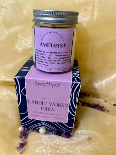 CANDLEWORKSINDIA Amethyst Crystal Candle | Manifest and Meditation Candle | 100% Soy Wax | Scented | Geranium Saffron Fragrance