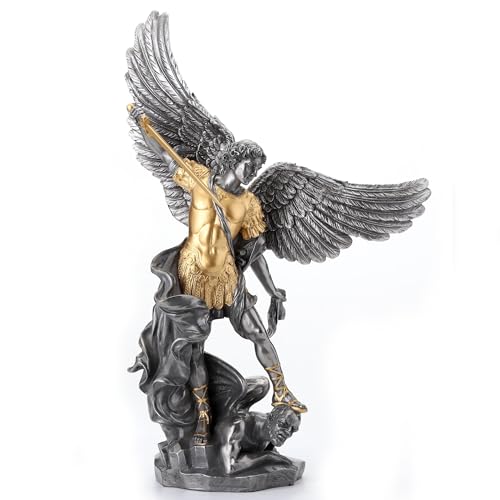 Veronese Design 14 5/8 Inch Saint Michael Tramples Demon Resin Sculpture Cold Cast Pewter Finish Statue