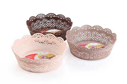 Nayasa Lacy Plastic Round 3 Piece Basket Set, Beige, Peach and Chocolate