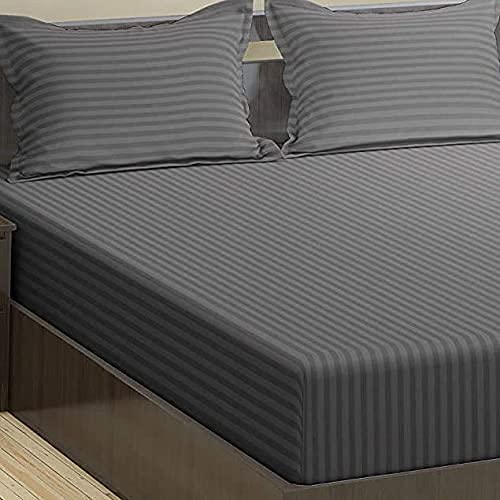 Trance Home Linen 100% Cotton 200 TC Satin Striped Elastic Fitted Bedsheet Twin Size | Elasticated Twin Size Fitted Bedspread with 2 Pillow Covers (78x48 inch | 6.5x4 feet, Dark Grey)