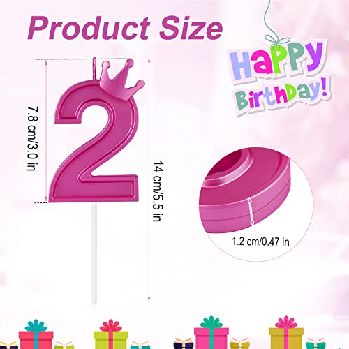 3 Inch Birthday Number Candle, 3D Number Candle with Crown Decor Large Cake Topper Number Candles for Birthday Cakes Wedding Anniversary Graduation Festival Party (Rose Red, 2)