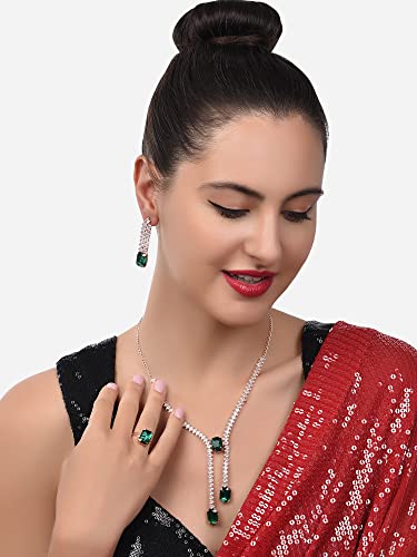 ZAVERI PEARLS Green Dazzling Contemporary Necklace Earring & Ring Set For Women-ZPFK14400