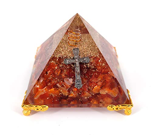 White Whale Red Carnelian Cross Orgone Pyramid Energy Generator Reiki Healing Crystal Chakra with Gold Stand Feng Shui Pyramid