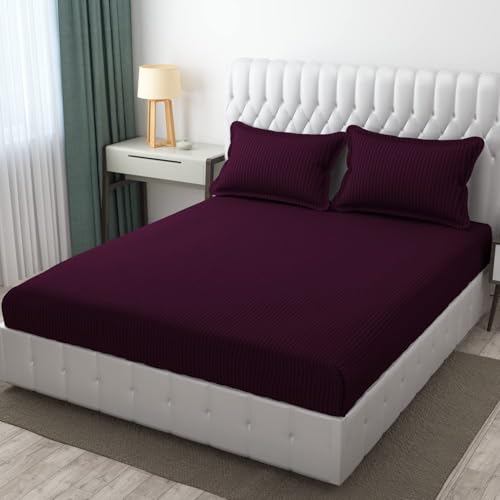 Mallow Microfiber Wrinkle Resistant | Skin Friendly | Hotel & Home | Stripe Fitted Double Size bedsheet 1 Double Bedsheet with 2 Pillow Covers (Wine) Size 72 x 72 x 8 inch