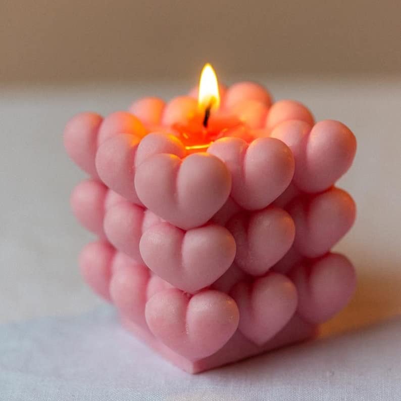 THE UMBRELLA STORE Heart Bubble Candle, Heart Cube Candle, Valentine's Day Candle, Heart Shaped Candle, Unscented Soy Wax Candle-1 pc (Pink)