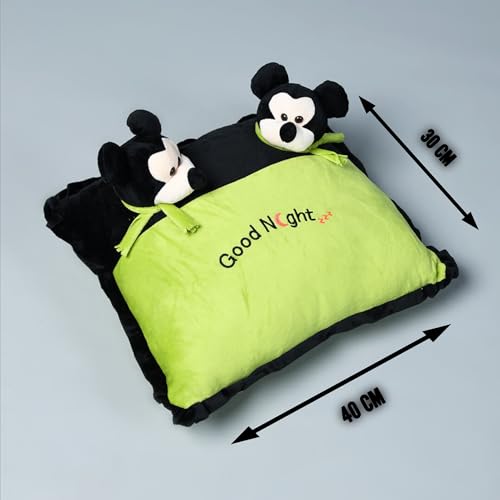 Fuzzy Toys Pillow for Kids Full Washable & Free Plastic Zipper Bag | Length 30cm Breadth 40 cm Green & Black Colour | Micky & Mini Character Pillow for 1 Month to 8 Years