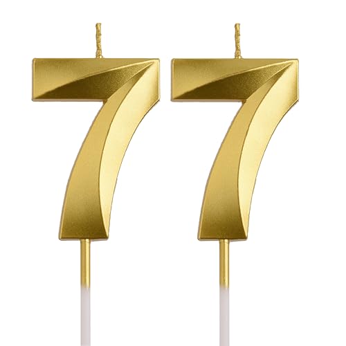 AOOLADA 77th Birthday Candles, Gold 77 Year Old Number Birthday Candles, Happy Birthday Party Decorations Cake Topper Gifts for Men Women