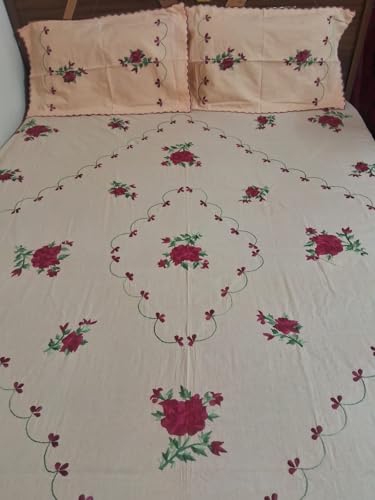 Handwork Embroidered Cotton bedsheet Double Bed Sheet Queen Size Embroidery Floral Design Bed Set 200tc (Design 6)