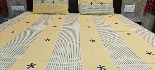 Riti Riwaaz Cotton Lining Double Bed Sheet with Two Pillow Covers, Handloom Cotton Bedsheets | All Season Comfort | Handmade Bedsheet 100 X 105 Inches King Size, 210 TC (Yellow Blue Flower Jaal)