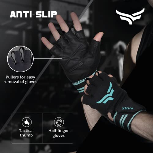 XTRIM X-Macho Leather Gym Gloves for Men & Women with Wrist Support Accessories for Weightlifting, Hand Exercise Gloves with Half-Finger Length for Gym Workout (M, Fits 7.5-8 Inches,Blue-Black)