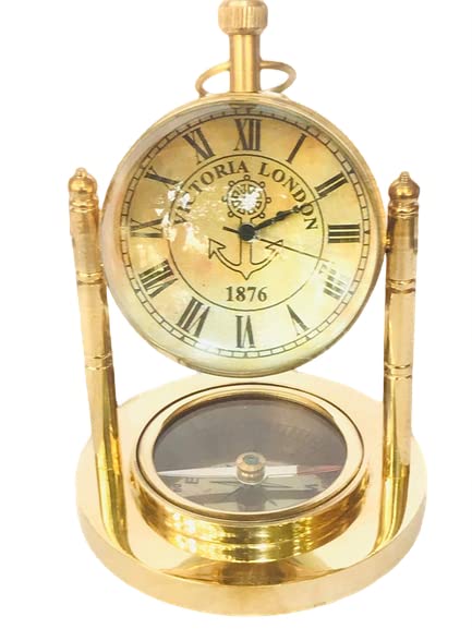 Meenakshi Handicraft Emporium metal Brass Compass Clock with Globe Look 3 in 1 Desk Clock for Home and Table Decor (Golden, 2-inch )