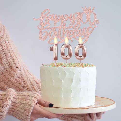 100th Birthday Decorations for Women, Include 100th Birthday Sash and Tiara, Birthday Cake Topper and Number 100 Candles, Rose Gold 100 Balloons, 100th Birthday Gifts Women