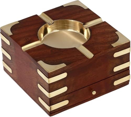 Wooden Ashtray with Brass Inlay, Square Design, Brown and Gold, Cigarette Holder with Storage