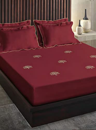 D'Decor 300 TC King Size Embroidered Bed Sheet - King Size - 100% Cotton with 2 Pillow Covers - 2006