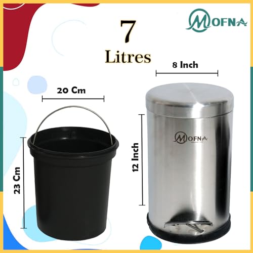 mofna Stainless Steel Pedal Dustbin/Pedal Garbage Bin with Plastic Bucket Round Shape use for Home, Office, Kitchen, Bathroom (8X12 Inch, 7 Liter, Silver)