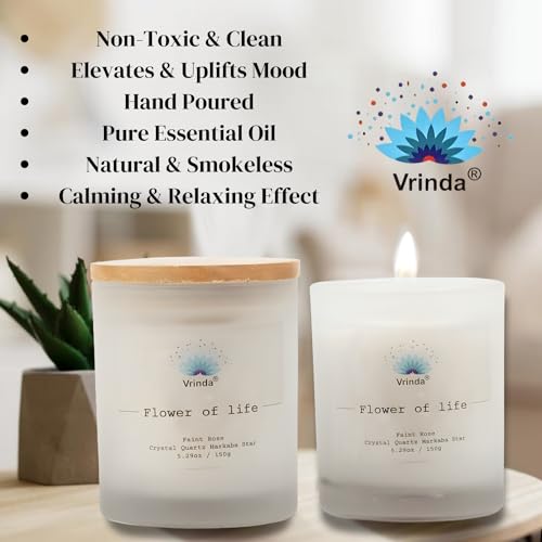 Vrinda® Flower of Life Glass Scented Candle with Crystals, Soy Blend. Approx. 5.29Oz