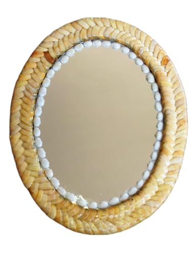 ZENRISE Decorative designer seashell handicraft oval framed wall mirror, 37 cm, Beige