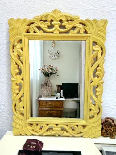 Taksha Decors Carved Wooden Frame Mirror | Intricate Wooden Carving | Yellow | 12 inches