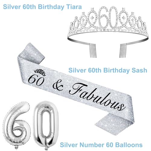 60th Birthday Decorations Women Include Silver 60th Birthday Tiara and Sash, Silver 60th Birthday Candles and Cake Topper, Silver 60th Birthday Balloons for 60th Birthday Gifts Women