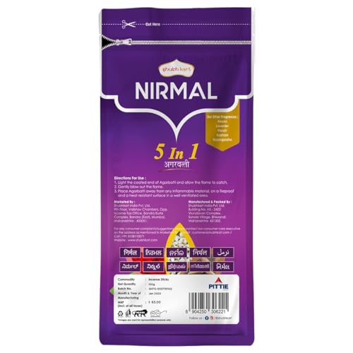 Shubhkart Nirmal 5 in 1 Agarbatti Zipper Pack 150grams for Puja & Meditation - 22.86cm Long Incense Sticks for Puja | Rose, Mogra, Chandan, Kasturi & Raatrani Fragrance | Charcoal Free (Pack of 2)