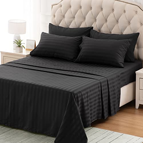 SLEEP ZONE Striped Bed Sheet Sets 120gsm Luxury Microfiber Temperature Regulation Sheets Soft Wrinkle Free Fade Resistant Easy Care (Black, Full)