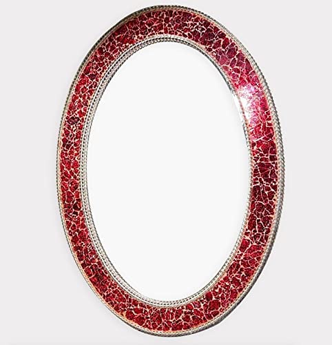 Cheval Glass Beveled Designer Pink Pearls Engraved Oval Wall Mirror with PinkFrame for Home Decor, Wash Basin, Bathroom - (24 X 24 Inches, Pink)